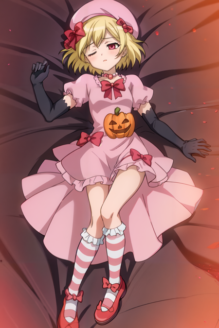 Lambdadelta shoes bow  red shoes striped stockings red bow pink hat  necklace  gloves  pearl pumpkin brooch  blonde  red eyes pink beret jack-o'-lantern pin elbow black gloves red bow  pink dress striped socks
