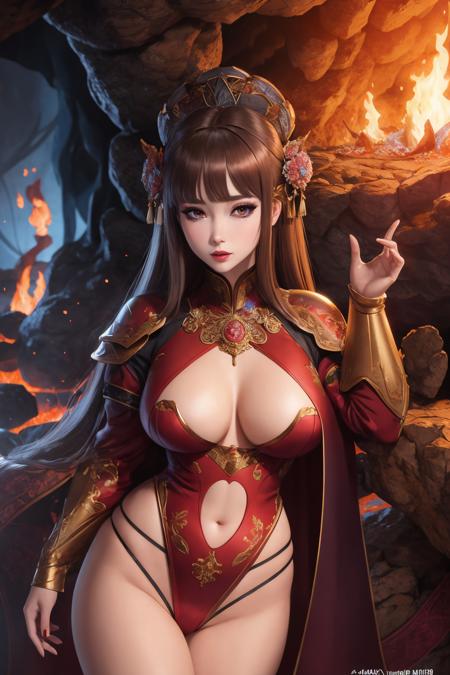 (masterpiece), (best_quality), (ultra-detailed), (illustration), (welcoming), 1girl, (arcane flyer:1.3), (in a dank lava cave:1.3), full body, muted brown hair, parted bangs, dark lipstick, long eyelashes, , red eyes, [:casual costume design:0.2], dancing, small breasts, wide hips, athletic slim hourglass figure,skindentation, (silk robe:1.2), chinese, official art, vivid color, finely detailed, hyper detailed, 8k, high resolution illustration, absurdres, intricate detail<lora:GoodHands-000032:1>