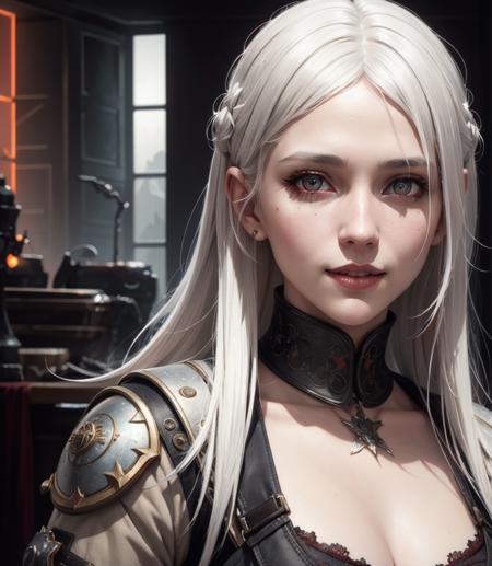 (dark shot:1.1), epic realistic, A girl with a beautiful smile, white hair, red eyes, faded, (neutral colors:1.2), (hdr:1.4), (muted colors:1.2), hyperdetailed, (artstation:1.4), cinematic, warm lights, dramatic light, (intricate details:1.1), complex background, (rutkowski:0.66), (teal and orange:0.4), maximum details