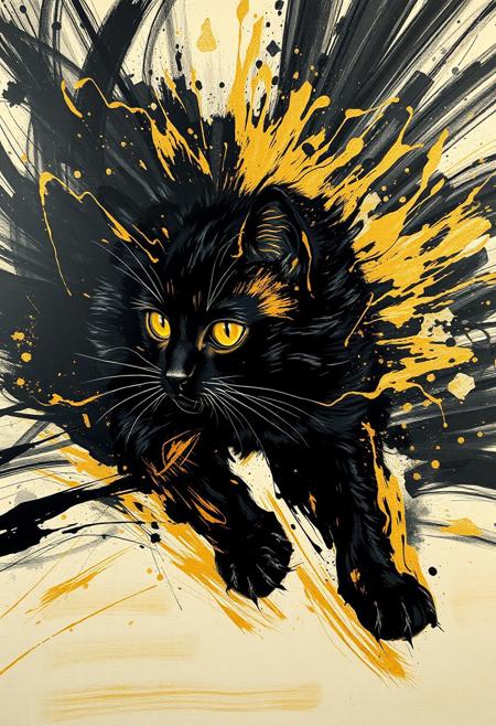 A hyper-stylistic, extremely detailed image depicts a breathtaking painting, crafted from a combination of smeared black and gold metallic paint. A cat is captured in a streaked motion, as if it is moving rapidly in one direction. The black paint is applied in bold, dynamic strokes, creating a sense of energy and movement that is contrasted beautifully by the golden accents. The gold paint is used to highlight the cat's features, adding a sense of depth and dimensionality to the image. The overall effect is one of breathtaking, surreal dynamism, as if the viewer has captured a fleeting moment in time. Every detail of the image is meticulously crafted, from the delicate, swirling patterns of the gold paint to the intricate, textured patterns of the black paint. The contrasts between light and dark, color and texture, create a sense of tension and energy that draws the viewer in, inviting them to explore the kinetic world of the painting. highest-Quality, intricate details, visually stunning, Masterpiece