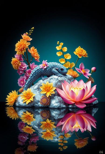 A surrealist art poster presents a solitary axolotl perched on silver rocks. The background is a dark teal gradient shifting to jet black. Around the axolotl bloom deep yellow dahlias, clusters of pink orchids, and a glowing lotus. Each element glistens with a metallic edge. Reflections ripple in a glassy surface below.,bfoadh, , grainy film texture, raw amateur aesthetic, 2000s nostalgia <lora:Touch_of_Realism_SDXL_V2:0.6> touch-of-realismV2