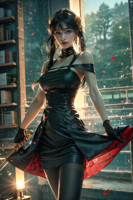 yor briar,black pantyhose,book,bookshelf,breasts,cleavage,coffee,coffee mug,cup,pantyhose,plant,window,water,splashing,1girl,bare shoulders,black dress,black gloves,black hair,blood,blood on face,blood on weapon,breasts,closed mouth,cowboy shot,dress,earrings,expressionless,fingerless gloves,floating hair,floral print,flower,gloves,gold earrings,gold hairband,hair flower,hair ornament,hairband,holding,holding weapon,jewelry,large breasts,light particles,long hair,looking at viewer,off-shoulder dress,off shoulder,petals,red eyes,rose,rose petals,rose print,short hair with long locks,sidelocks,solo,spikes,thighs,two-sided dress,two-sided fabric,
Best quality,masterpiece,ultra high res,haifeisi,<lora:yorBriarSpyFamily_lykonV1:0.8>,<lora:æµ·é£ä¸v4.1:0.7>, excellent detail, illumination, rich colors, intricate, elegant, cinematic, sublime, dramatic light, appealing, pristine, fine, complex, detailed, polished, extremely, enhanced, background, elaborate, amazing, symmetry