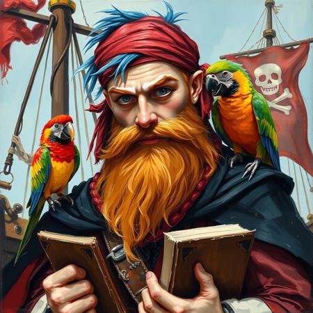 Oil painting rendered in a loose, impressionistic style with thick, expressive brush strokes. Full body portrait of a young handsome pirate wizard. His outfit is a mish mash of wizard-like and pirate clothes. He wears a red bandana a black cape and he has a long ginger beard. He has big white eyebrows. His hair is a mixture of colors: blue, red, yellow, green. He holds a book and a wizard's staff. On his shoulder sits a colorful parrot. The background shows a pirate ship with a pirate flag.