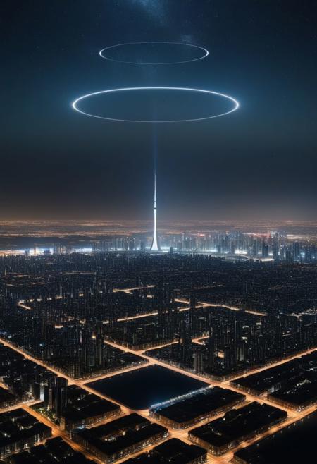 An enormous city sprawl, focus on the city skyline reaching for the stars,
Aleph Tower, centre for the AI that rules the Human civilization, in a glittering city of glass and shining metal,
   bright sunlight under a pitch black sky.
So twice five miles of urban sprawl,
With walls and towers  girdled round;
In center: a black circle in bold lines intersected by a several lines, gnostic symbols, symetrical
Photographer Reuben Wu Style