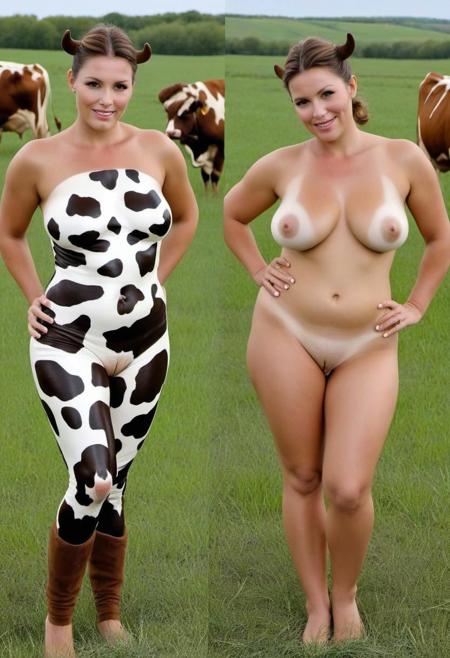 onoff, woman wearing bodypaint, plump, brown hair updo, in a field, cows, cow hide pattern