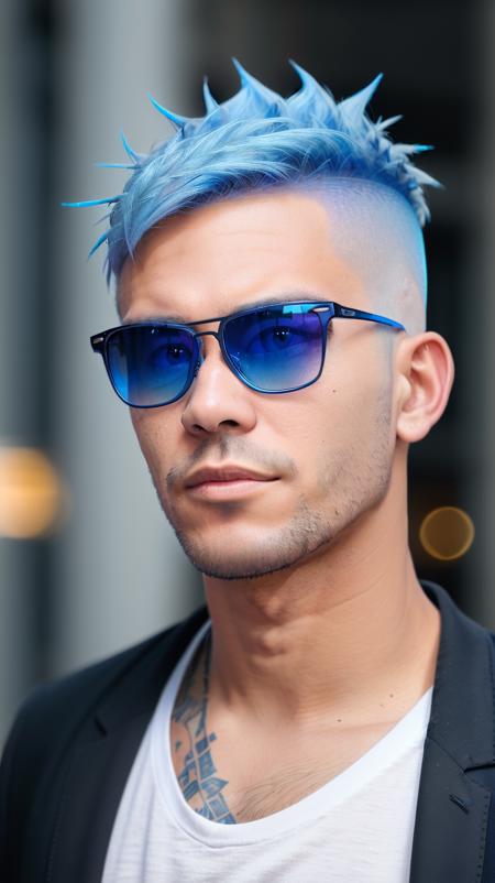 photo of a man with a blue mohawk undercut, detailed eyes, blurry background, bokeh, outdoors, night, dslr, d850, sunglasses <lora:undercut_sd15_640x8:0.7>