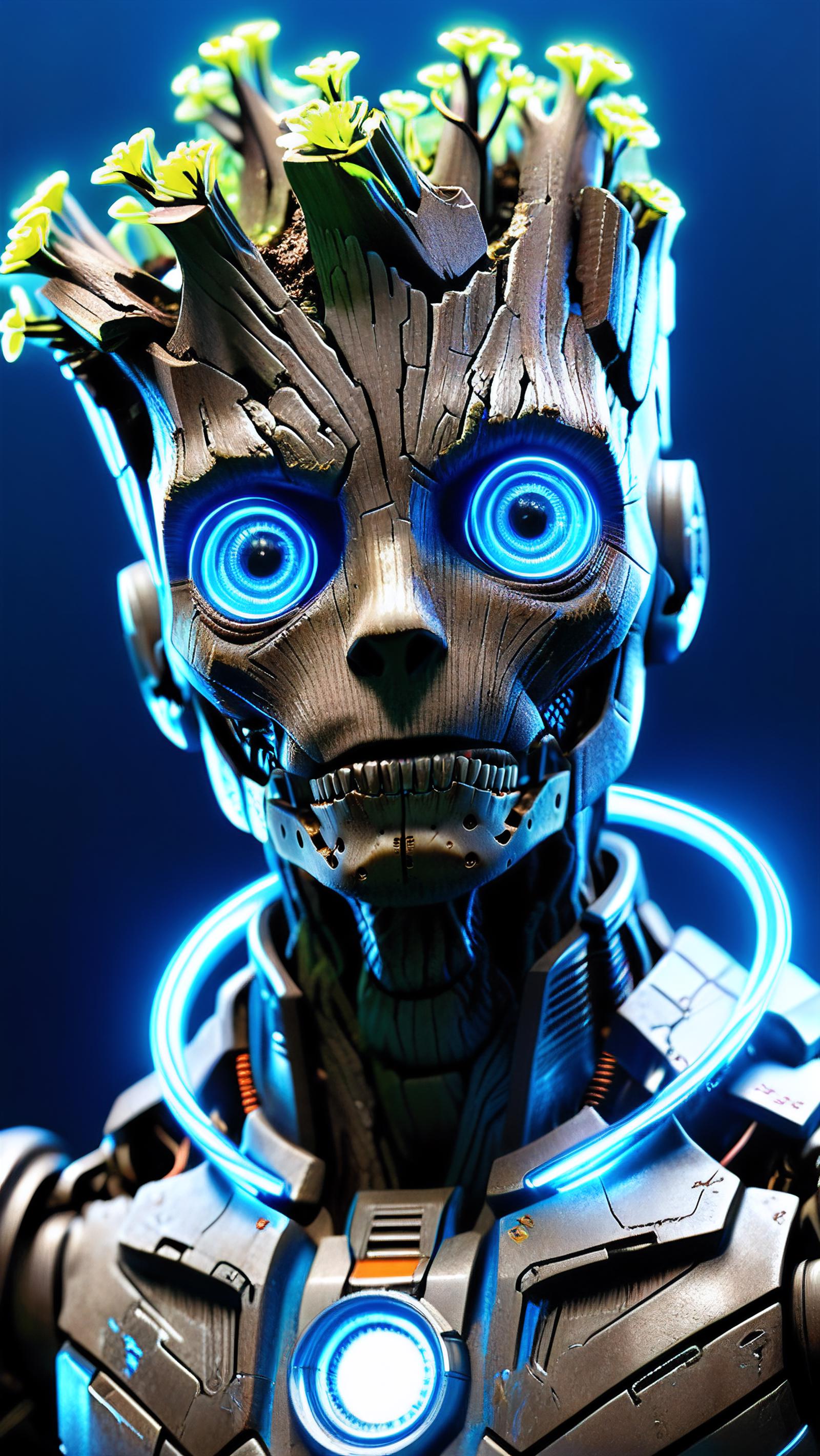Blue-eyed robot head with a blue circle and glowing blue eyes.