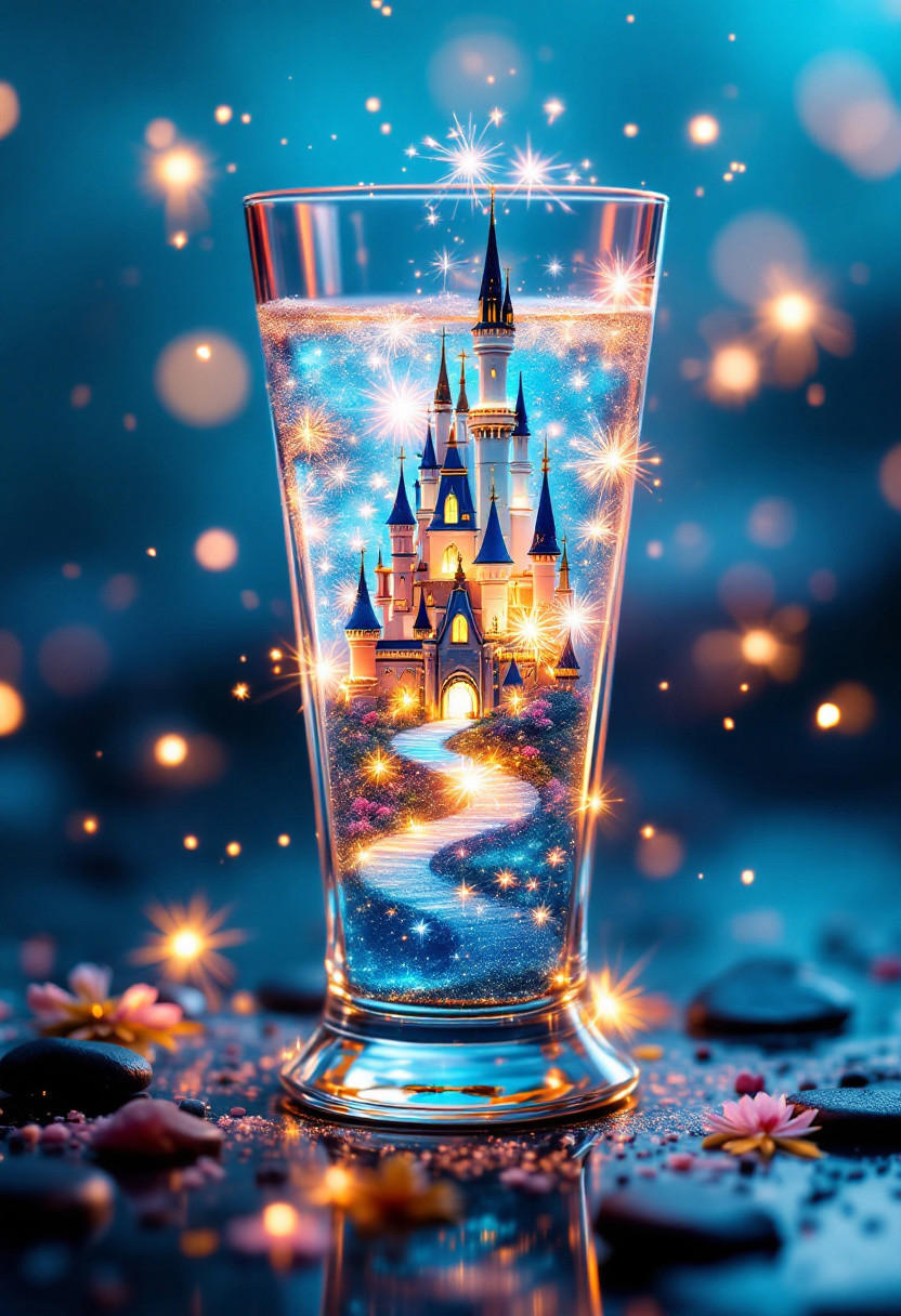 An enchanting scene featuring a tall glass of sparkling blue cocktail, where the liquid transforms into a magical fairy tale castle.  The surface of the drink is a captivating blend of pastel pinks, soft blues, and shimmering golds, intricately populated with tiny towers and sparkling fireworks that illuminate the Clear glass goblets.