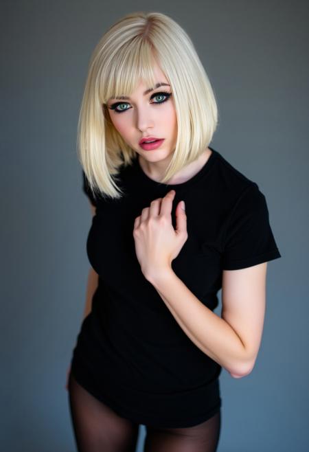 woman, blonde bobcut hair, parted half hair, green and blue eyes, eyeliner, gothic, wearing black t-shirt and black hotpants, black pantyhose, slender body, long legs,