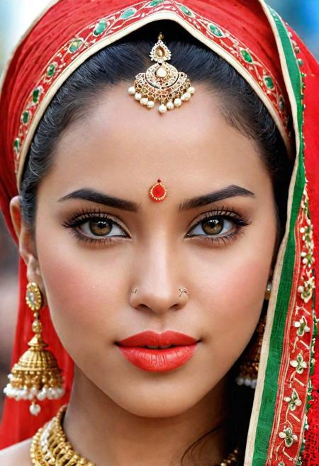 In vivid detail, ultra realistic, amazing, this image showcases a female figure, captured in a meticulously crafted photograph. The subject exudes natural beauty, with every pore and imperfection of her skin texture revealed.She is looking into camera with her bright beautiful eyes.  She stands majestically, donning traditional or ceremonial attire that has been intricately adorned. The image portrays her from head to toe, allowing viewers to appreciate the fullness and grandeur of her appearance. The photo is rendered with such remarkable precision and clarity that every intricate detail can be easily observed. With its extraordinary level of detail, this image truly immerses the viewer in the exquisite beauty and cultural richness of the subject.