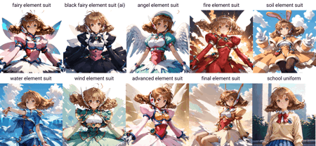 corrector yui, 1girl, solo, magical girl fairy element suit,black fairy element suit (ai),angel element suit,fire element suit,soil element suit,water element suit,wind element suit,advanced element suit,final element suit,school uniform