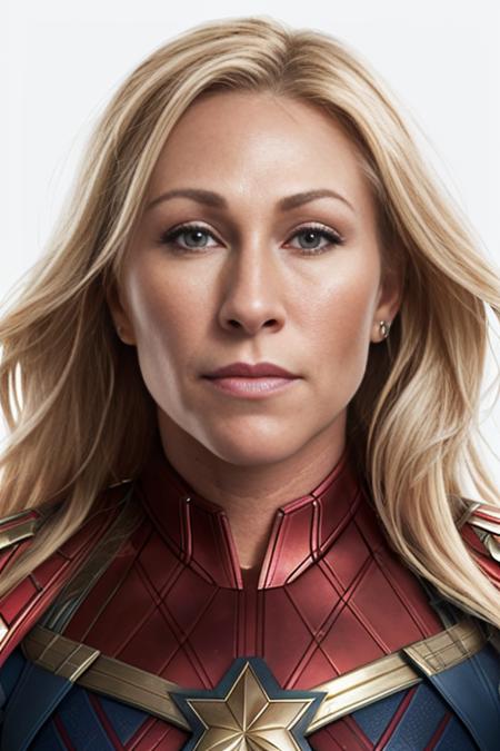 portrait photo of (m4arj0r13t4y10rgr33n:1.0) as captain marvel, sharp focus, skin texture, light bokeh