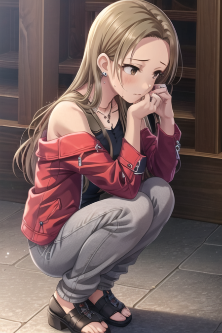 <lora:RyoMatsunaga-09:0.7>,matsunaga ryo, 1girl, solo, long hair, blush, brown hair, shirt, long sleeves, brown eyes, jewelry, jacket, earrings, open clothes, pants, necklace, off shoulder, sweatdrop, open jacket, looking to the side, looking away, squatting, ring, red shirt, forehead, stairs, grey jacket, grey pants