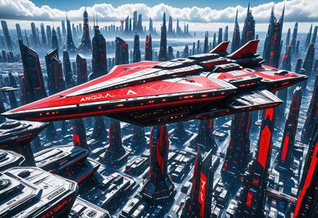 angular design dark spaceship flying over a sprawling cyberpunk cityscape with mega structures and skyscrapers, red war paint, high contrast, T7