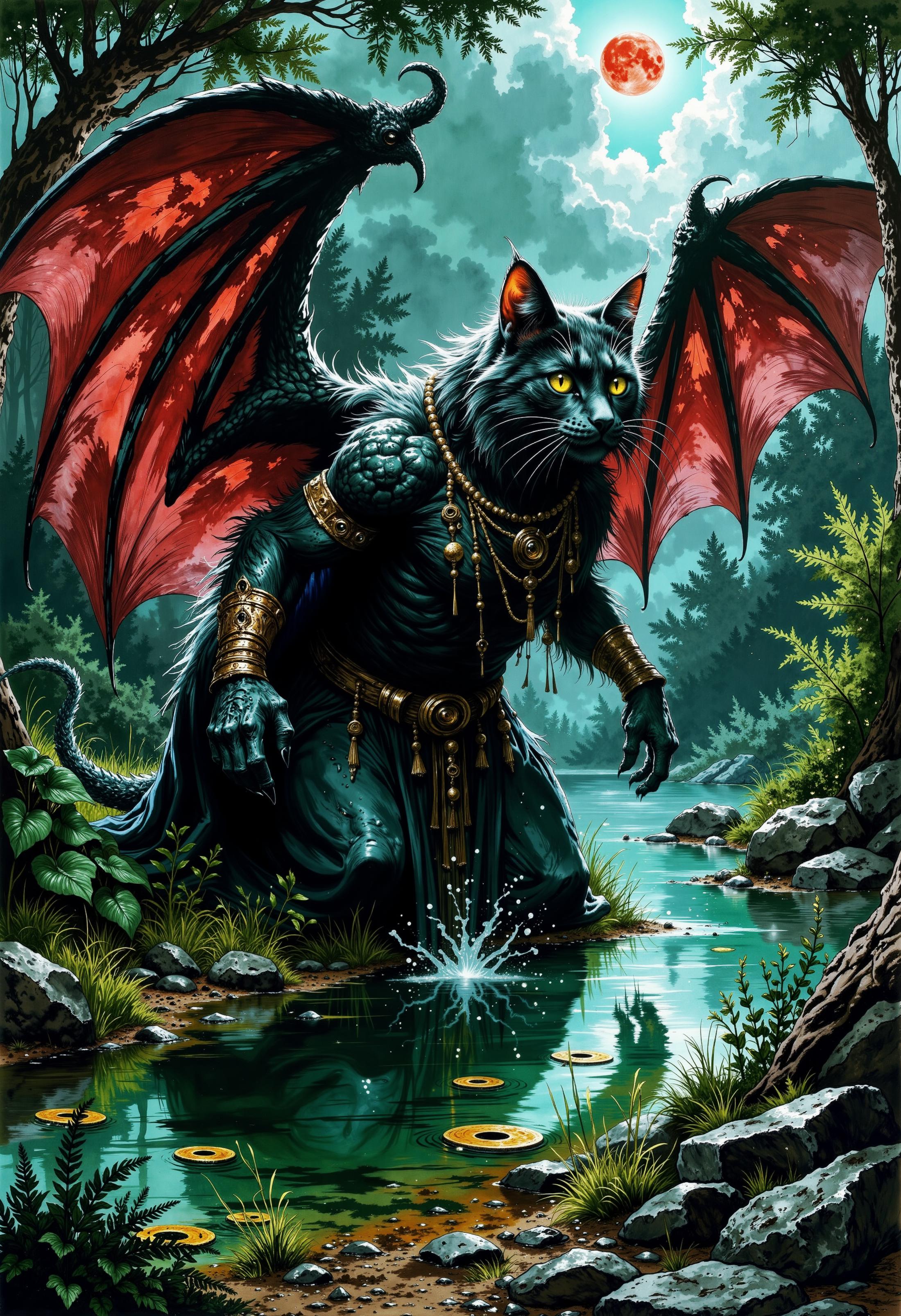 In a fog night, a red moon. A mystical creature with features of a cat and dragon, emerging from a green lake surrounded by lush vegetation, showcasing vibrant silver bat-like wings. The creature has glowing yellow eyes, adorned with intricate jewelry, wearing a dark flowing robe. The scene is set in an enchanted forest, blending elements of fantasy with hyperrealistic details. The waters of the lake reflect the greens and blues of the surroundings, while wild little snakes leave the shoreline, adding splashes of yellow and white. The overall mood combines mystery and enchantment, with dark, dramatic lighting and intricate textures..<lora:Flux/Wraith_BW_Flux.safetensors:0.6:0.6> <lora:Flux/boFLUX-digital-abyss.safetensors:0.3:0.3> <lora:Flux/MysticFantasy.safetensors:0.4:0.4>