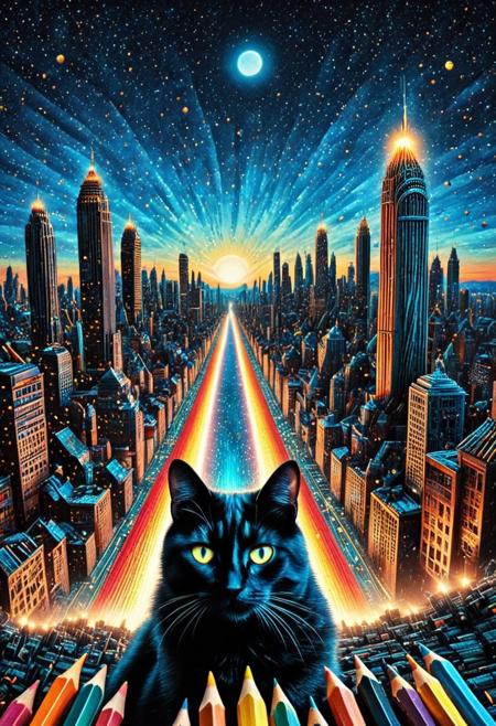 masterpiece, best quality, very aesthetic, absurdres,(score_9, score_8_up, score_7_up), createconcept, addmicrodetails, Pencil_morph_style, epic background, nightsky cityscape landscapes with a lot of pencils, a (cat) made out of pencils, glowing eyes, vivid eye color, (beautiful eyes:1.2), (gradient iris, crisp iris edges), confident pose, action dynamic pose, lazypos