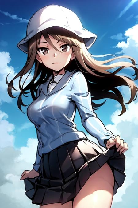 <lora:mika_Loha:0.7>, mika (girls und panzer), 1girl, keizoku school uniform, solo, tulip hat, long hair, hat, school uniform, brown eyes, brown hair, blue headwear, skirt, shirt, grey skirt, striped, dress shirt, pleated skirt, vertical stripes, white shirt, vertical-striped shirt, striped shirt, cowboy shot, miniskirt, standing, long sleeves, bangs, blue shirt, blue sky, (windy:1.3), looking at viewer, mountains in the background, (skirt lift),