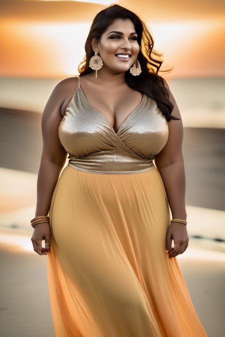 cute bbw, gradient gold color thigh_cut maxi indian_dress, <lora:last-000050:0.8>
bra,  
smiling, wearing necklace, 
looking away
in the beach at sunset