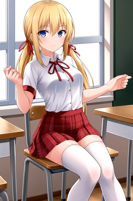 <lora:HuniepopTiffany-v1-06:0.6>, ChopioTiffany, blonde hair, very long hair, low twintails, hair between eyes, hair ribbon, blue eyes, (looking at viewer:1.3), medium breasts, outfit_1, white shirt, collared shirt, short sleeves, neck ribbon, red skirt, plaid skirt, pleated skirt, white thighhighs, zettai ryouiki, underwear, pink bra, pink panties, white thighhighs, cheerleader, confetti, pom pom (cheerleading), red shirt, white skirt, sleeveless, yellow panties,