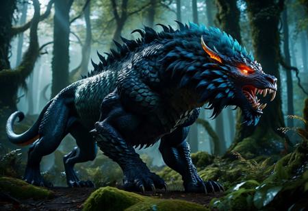 Giant wicked Chimera roaring fiercely in a mystical forest setting, hyper-realistic, UHD, creature design, fantasy, detailed fur and scales, epic lighting, dynamic composition, 8k resolution