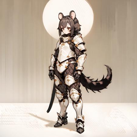 (1girl:1.5), solo, ratkin, ratkin_ears, ratkin_tail, ratkin_hairstyle, black hair, standing, mature, armored, <lora:ratkin_v1.1:1>