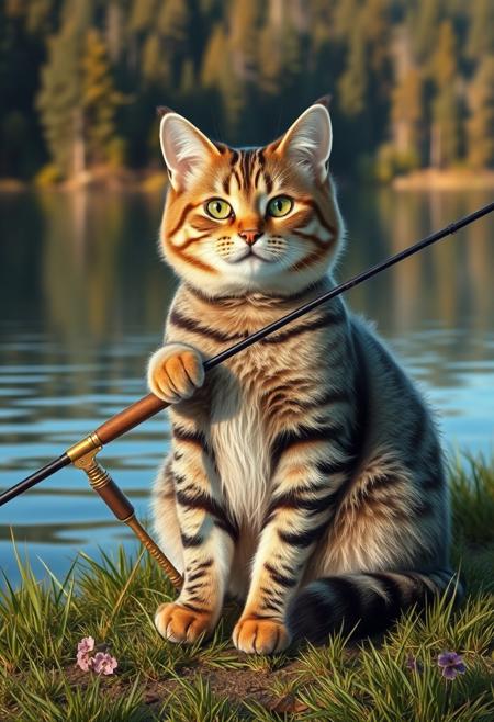 A mischievous chubby cat, tabby-patterned with green eyes,  cat sitting on a grassy lake shore, holding a fishing rod, serene blue water reflecting the sunlight, gentle ripples in the lake, peaceful forest background, soft golden hour lighting, highly detailed,