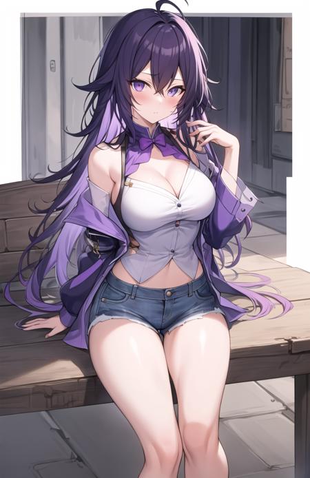 masterpiece, (ultra-detailed), 1girl, looking at viewer,  <lora:Seele_v3:0.4>, seele, purple hair, purple eyes, shirt, denim shorts,