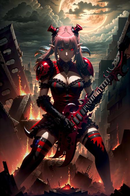 ((masterpiece)), ((best quality)), ((detailed)), astaroth, red eyes, twintails, tail, (playing instrument, astarothguitar:1.3),  electric guitar, city ruins, burning city, glowing eyes, fire, night, full moon, thunderstorm, horror, NightmarishAI, <lora:Astaroth:0.8> <lora:NightmarishAIv2:0.7>