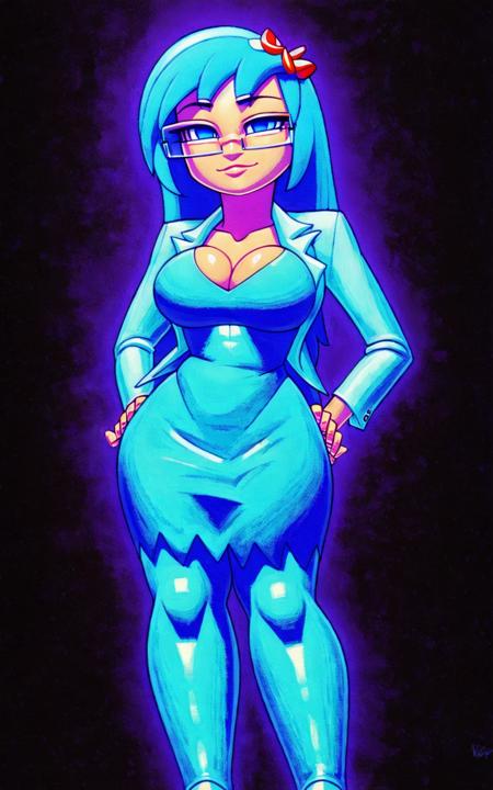 8k.4k,((Best quality, masterpiece, ultra high resolution)),((full body)),standing, by pixelsketcher, <lora:Inki:1.2>,inki,long hair,  blue eyes, hair ornament, pantyhose, dress, cleavage, aqua dress,aqua shoes,( aqua pantyhose,black background),glasses, blazer, aqua blazer, layered clothing, under-rim eyewear, aqua hair,human,hands on hips, neon lights