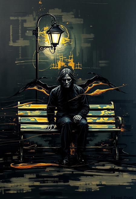 A hyper-stylistic, extremely detailed image depicts a breathtaking painting, crafted from a combination of smeared black and gold metallic paint. A killer sitting on a park bench next to a lone street light at night is captured in a streaked motion, as if it is moving rapidly in one direction. The black paint is applied in bold, dynamic strokes, creating a sense of energy and movement that is contrasted beautifully by the golden accents. The gold paint is used to highlight the killer, the bench and street lights features, adding a sense of depth and dimensionality to the image. The overall effect is one of breathtaking, surreal dynamism, as if the viewer has captured a fleeting moment in time. Every detail of the image is meticulously crafted, from the delicate, swirling patterns of the gold paint to the intricate, textured patterns of the black paint. The contrasts between light and dark, color and texture, create a sense of tension and energy that draws the viewer in, inviting them to explore the kinetic world of the painting. highest-Quality, intricate details, visually stunning, Masterpiece