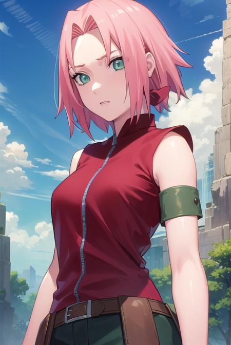 sakuraharuno, <lyco:sakura haruno shippuuden-lyco-nochekaiser:1>,
noheadband sakura haruno, short hair, (green eyes:1.5), pink hair,
BREAK shirt, (red shirt:1.5), short sleeves, vest,
BREAK outdoors, forest, sky, clouds, nature, sun,
BREAK looking at viewer, (cowboy shot:1.5),
BREAK <lyco:GoodHands-beta2:1>, (masterpiece:1.2), best quality, high resolution, unity 8k wallpaper, (illustration:0.8), (beautiful detailed eyes:1.6), extremely detailed face, perfect lighting, extremely detailed CG, (perfect hands, perfect anatomy),