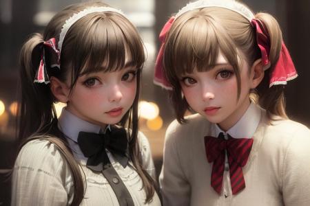 2girls,masterpiece, (photorealistic:1.6), best quality, beautiful lighting, cinema lights, film grain, blurry, indoors, bangs, lips, cheek-to-cheek, (freckles:0.75), ribbon, bow, twintails, multiple girls, looking at viewer, depth of field, blurry background, heads together, closed mouth, hair ribbon, upper body, parted lips, long sleeve,