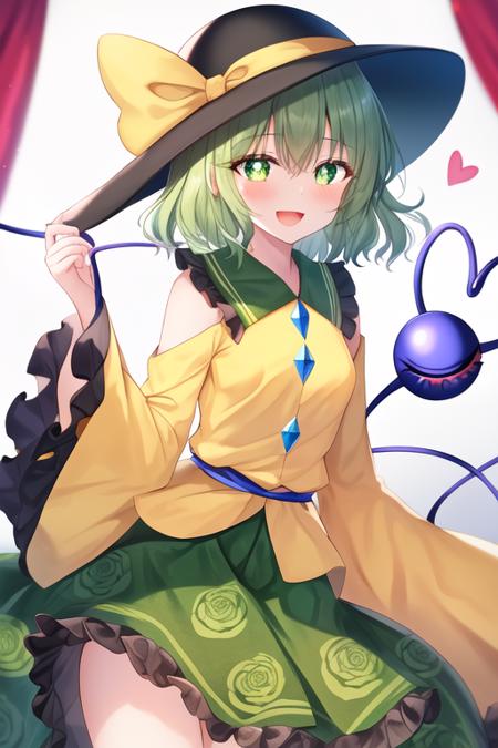 masterpiece, best quality, highres, solo, {komeiji_koishi_touhou:1.10}, third_eye, hat, green_eyes, black_headwear, heart, short_hair, ribbon, green_hair, bow, smile, hat_ribbon, heart_of_string, bangs, hat_bow, hair_between_eyes, 1girl, eyeball, long_sleeves, open_mouth, shirt, skirt, wide_sleeves, :d, floral_print, frilled_sleeves, frills, green_skirt, looking_at_viewer, blush, heart-shaped_pupils, symbol-shaped_pupils, yellow_shirt