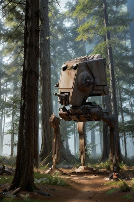 photo of a Star Wars ((AT-ST robot, <lora:st4rw4r54t5t:1>)), walking through a forest at night, explosions in the background, fire, outrun, dark sky, High Detail, Sharp focus, ((photorealism:1.2)), realistic, best quality, 8k, dramatic lighting, epic, cinematic, masterpiece, dutch angle, sports photography, ambient fog:1.3, volumetric lights,