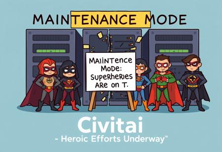 "A cartoon of a superhero team in front of a broken server, with a sign saying ‘Maintenance Mode: Superheroes Are on It’. Text: ‘Civitai: Heroic Efforts Underway’."