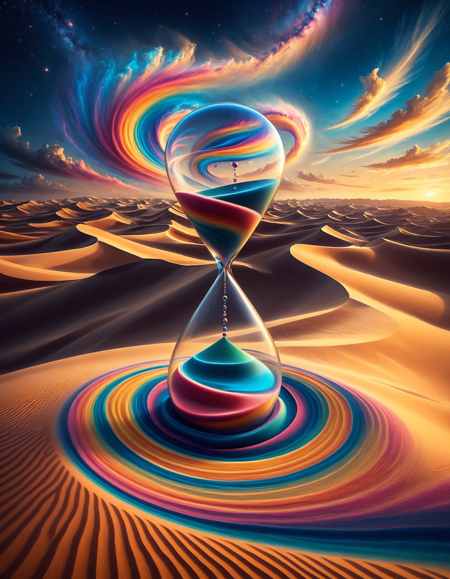 masterpiece, best quality, absurdres, ultra-detailed, colorful surreal desert landscape, a gigantic artistic hourglass centered in the dunes, swirling multicolored sand spiraling outward in vibrant gradients, glowing reflections on the glass, soft shadows on the ground, surreal distortions in the sand, floating dust particles, tiny whimsical details like a camel caravan or a signpost reading âfutureâ, abstract flowing shapes in the distance, magical sky with soft clouds and faint stars, cosmic vibes, dreamlike mood, (sandswirl:1.2), (swirling sand:1.1)
<lora:SandSwirlLoRa:1>