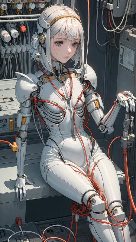 (((masterpiece))), (((best quality))), ((ultra-detailed)), (highly detailed CG illustration), ((an extremely delicate and beautiful)),(cute delicate face),cinematic light,((1mechanical girl)),solo,full body,(machine made joints:1.4),((machanical limbs)),(explosed muscles),(blood vessels connected to tubes),(a brain in container:1.3),((mechanical vertebra attaching to back)),((mechanical cervial attaching to neck)),((sitting)),expressionless,(wires and cables attaching to head and body:1.5),small breasts,short hair,(character focus),science fiction