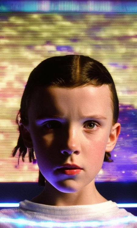 glitch, extreme close-up portrait of Millie Bobby Brown 80s hair, Stranger Things movie still, Arri Alexa LF, heavy grain