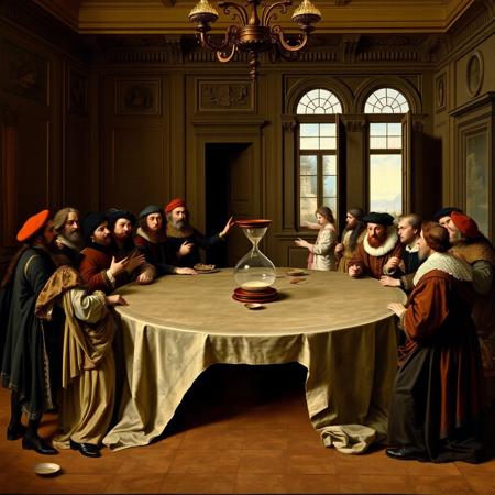 Rembrandt's painting, Renaissance Italy, a palace hall, a large round table around which richly dressed men stand and argue, medieval clothing with wide sleeves, expensive berets, fur capes, a huge hourglass stands in the center of the round table, it is very stuffy, in the background a girl is trying to open a window