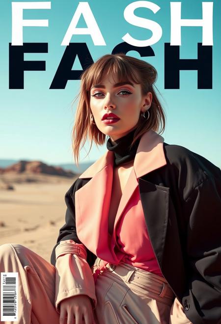FASH Fashion Magazine Cover with the word 'FASH' displayed in clean white sans-serif font, A striking abstract fashion shoot featuring a beautiful supermodel in weird clothes, weird locations, weird poses, weird make up