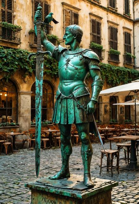 lazypos, patina metal skin, pms style, highly detailed and hyper realistic, Ultrarealistic, sharp focus, dynamic lighting, amazing composition, photorealistic, great composition, best quality, weathered bronze statue covered in rich green patina stands proudly on a cobblestone square in an old European city ,  a forgotten knight holds sword aloft, Pigeons perch on the statue's head and shoulders, their droppings streaking the oxidized metal. Around the base, worn inscriptions in Latin or Gothic script have become nearly illegible with time. The surrounding square features outdoor café tables, ivy-covered Renaissance buildings with shuttered windows. Golden-hour light slants through narrow streets, making the patina glow. Style: Photorealistic with cinematic depth, emphasizing textures—the gritty oxidation, smooth cobblestones, and soft feather details of the birds