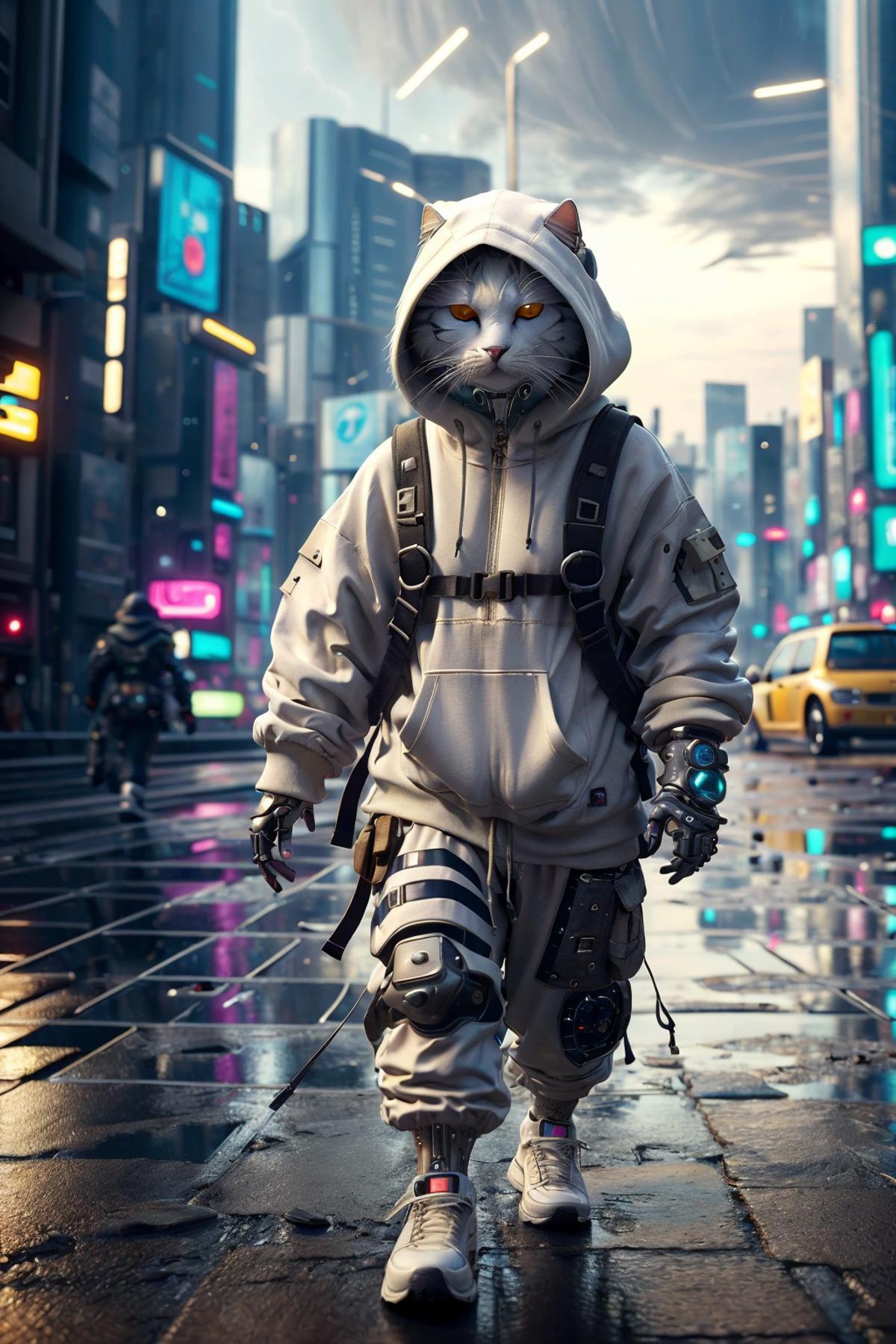 A white cat in a hoodie and backpack walking through a city.