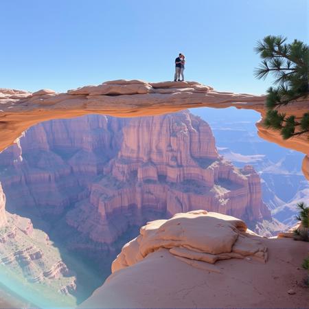 Grand Canyon. Couple standing on arch. Big drop. Couple in love.