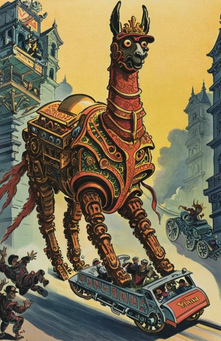 vintage_illustration__in_the_midst_of_an_epic__action_battle_scene__a_llama_robot_writhes_with_excitement__its_eyes_fixed_on_the_ground_below__the_air_is_thick_with_anticipation_as_it_r_2940783250.png