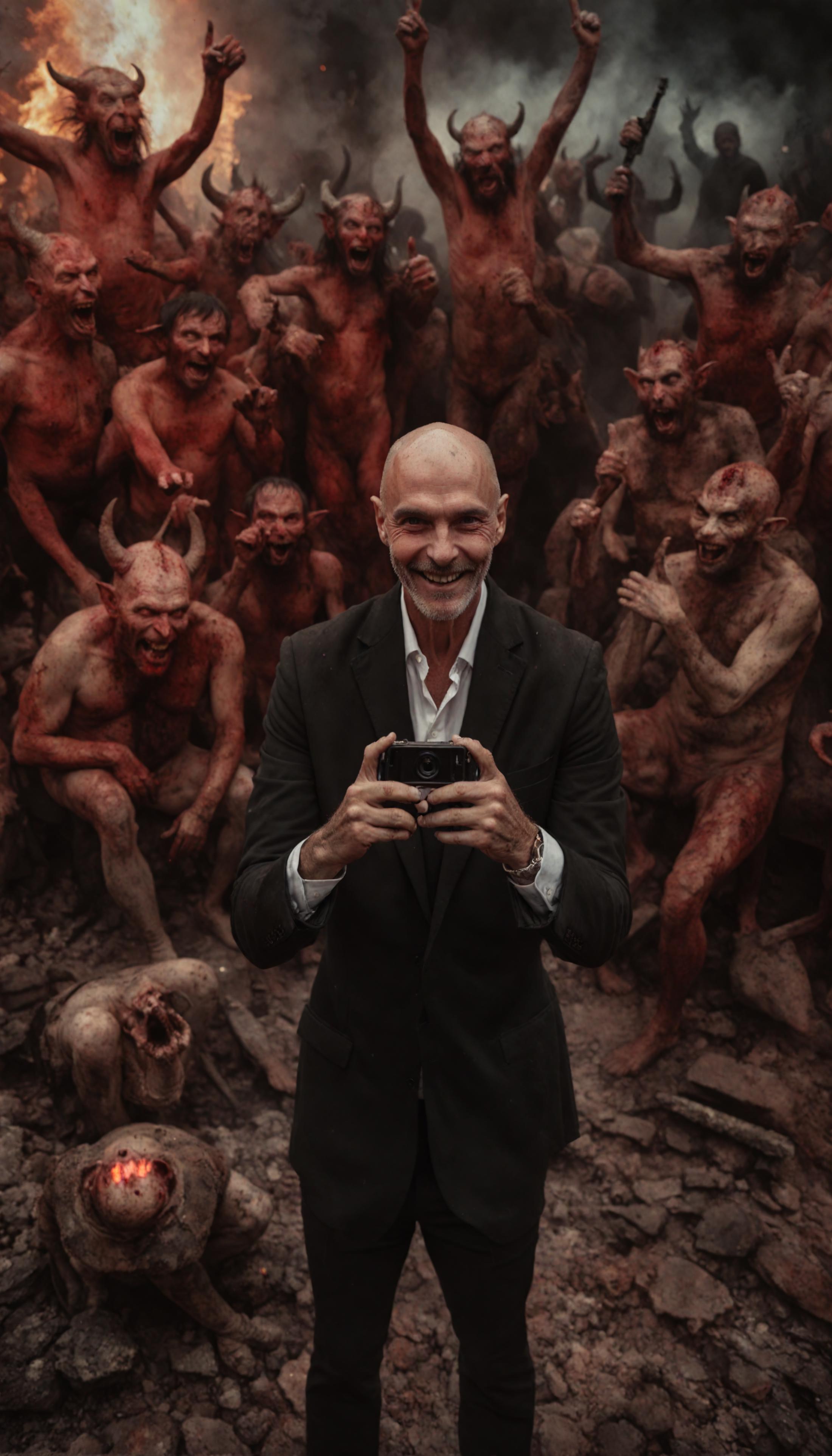 A man in a suit taking a selfie in front of a painting of demons.