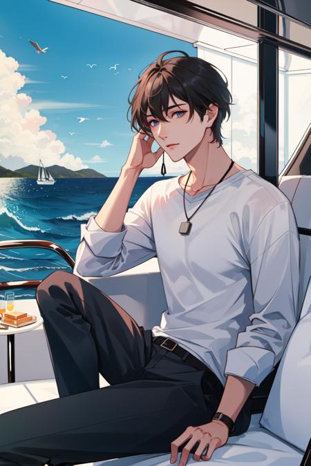 ((masterpiece:1.2, best quality)), 4k, 1boy, adult, male focus, aged up, casual clothes, (bright sky:1.2), (luxury yacht:1.3), (on a yacht), ocean background, birds