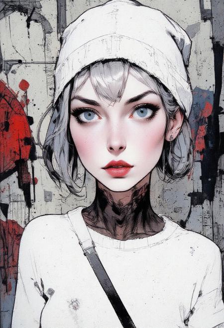 Crazy Japanese style ink, highly detailed portrait of an alternative looking female characters, she wears a beanie, a white sweatshirt, she has piercing, tattoos on her neck and face, grey eyes and dyed hair. There is a wall painted with graffiti on the background.