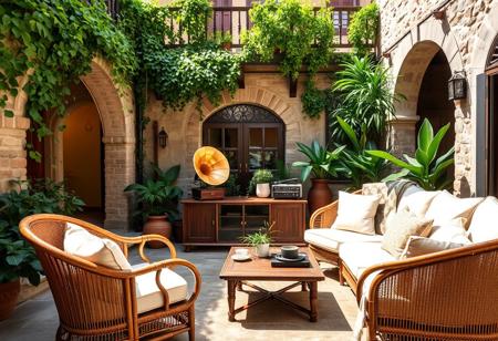 Mediterranean Courtyard Jazz Lounge – Sunlit Vintage Harmony Bathed in soft daylight and surrounded by rustic stone architecture, this enchanting Mediterranean courtyard transforms into a serene outdoor jazz sanctuary. Ivy cascades gently from the upper balcony, framing arched doorways that lead to cozy rooms beyond, while terracotta pots brim with lush greenery and vibrant tropical leaves. At the heart of this idyllic space is a thoughtfully arranged sitting area, where classic rattan armchairs and sofas with plush cream cushions invite quiet moments under the sun. The furniture is handcrafted with curved bamboo frames and cane weave details — a timeless nod to Mediterranean artisan style. In front of the seating, a solid walnut low coffee table sits atop the stone floor, adorned with a set of porcelain cups, a small fern, and vintage jazz vinyl sleeves scattered like memories of past afternoons. To one side, adding soul and sound to the ambiance, stands an exquisite vintage audio setup: A polished mahogany stereo cabinet, home to a brass-horn gramophone, tube amplifier, and a classic turntable spinning smooth jazz records. A pair of floor-standing wooden speakers with dark fabric grills flank the system, spreading warm analog tones across the courtyard. Next to the sound system, a tall ceramic jug overflows with blooming sunflowers, their golden faces turned toward the light like a tribute to joy. A second bouquet, arranged in a glass vase on a nearby bench, adds