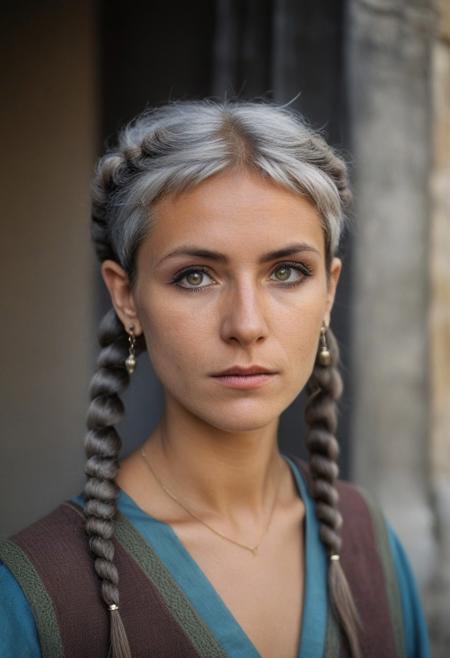 Photography in (stvmccrr style), analog film, film grain, kodachrome, natural lighting, 8k, hdr, masterpiece, award winning photography, (frieren, pointy ears, elf, earrings, twintails, parted bangs, grey hair, thick eyebrows), ancient roman street corner