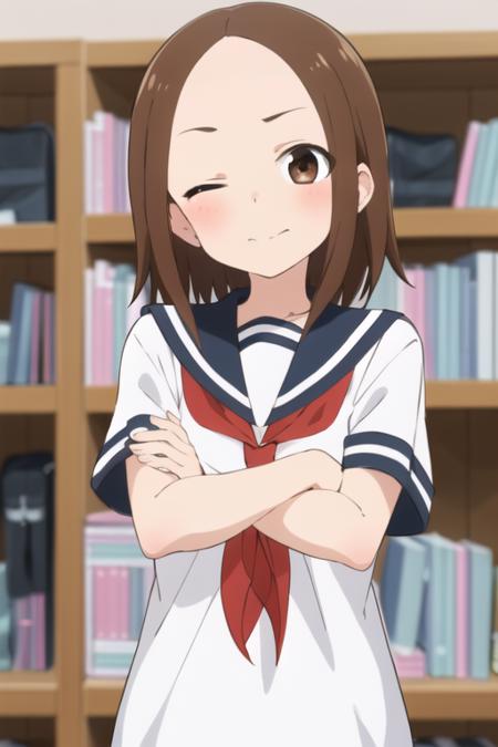 <lora:chii:0.7> chii, 1girl, solo, brown hair, medium hair, parted bangs, forehead, brown eyes, blush, one eye closed, serafuku, sailor collar, red neckerchief, upper body, crossed arms, looking at viewer, short sleeves,